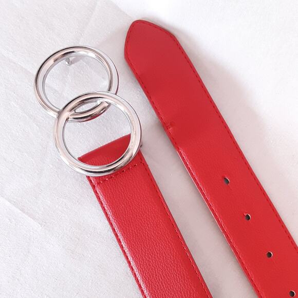 Express Red Synthetic Leather Belt XS Waist Double Circle Silver Tone Buckle - Picture 6 of 13